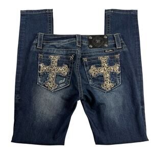 Miss Me Signature Rise Skinny Jeans Dark Wash Gold Cross Pocket JP592652 Size 28